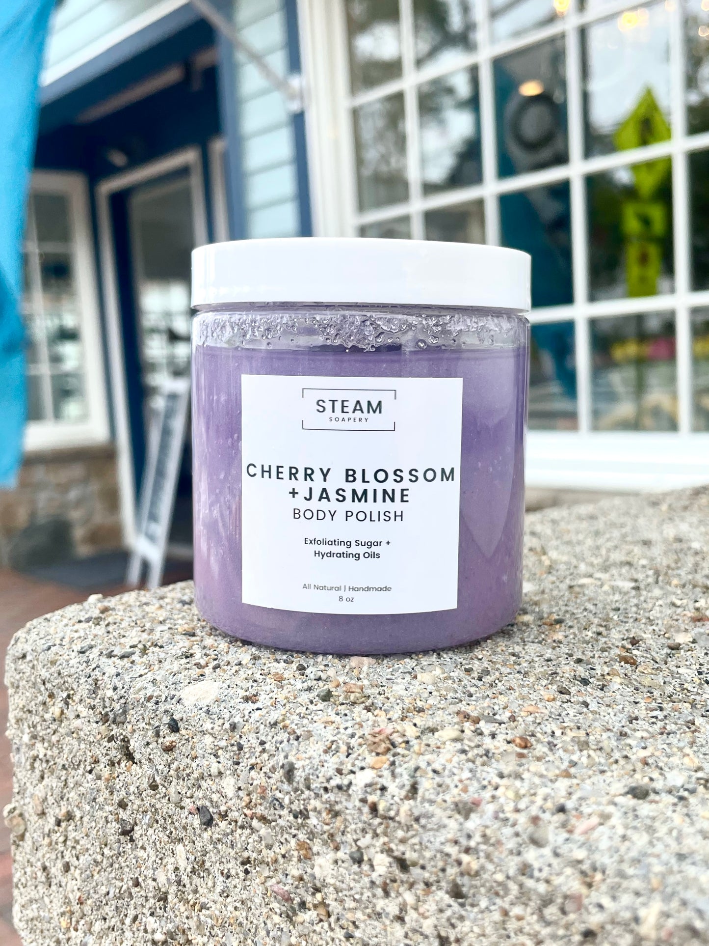 Cherry Blossom Jasmine Body Scrub on Platform Outside