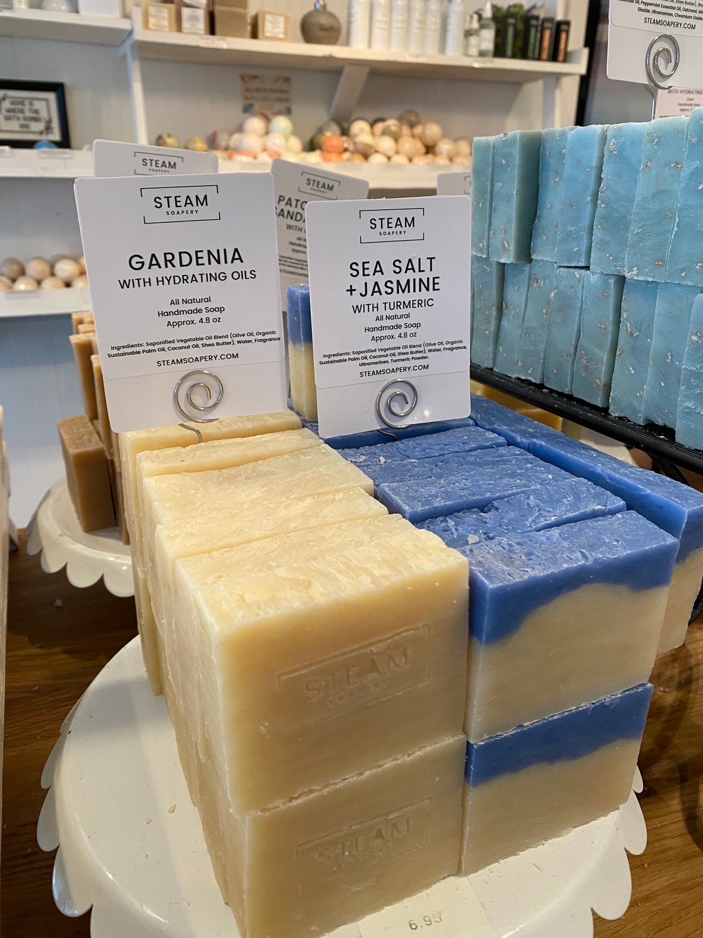 Gardenia Soap next to Sea Salt Jasmine Soap