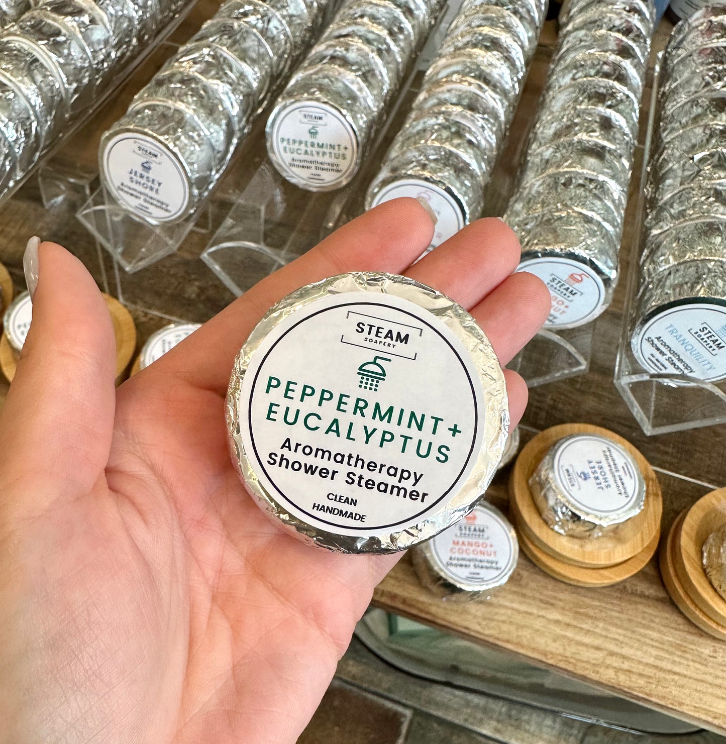 Peppermint Eucalyptus Shower Steamer handmade by Steam Soapery