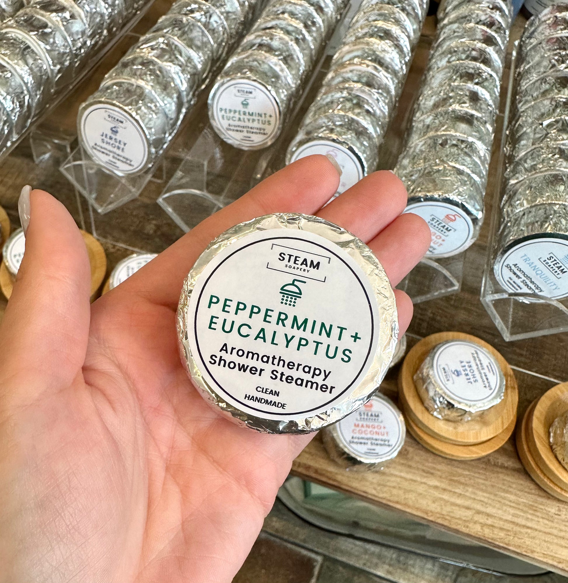 Peppermint Eucalyptus Shower Steamer handmade by Steam Soapery