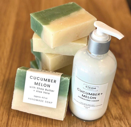 Cucumber Melon soap next to cucumber melon lotion