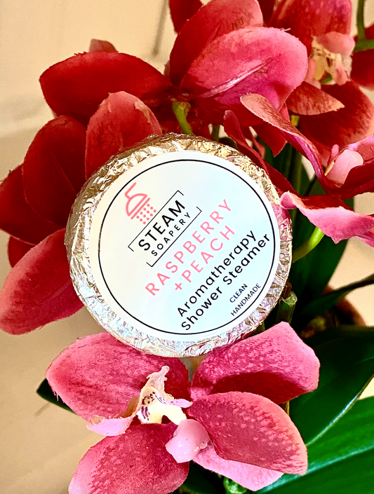 Raspberry + Peach Shower Steamer handmade by Steam Soapery